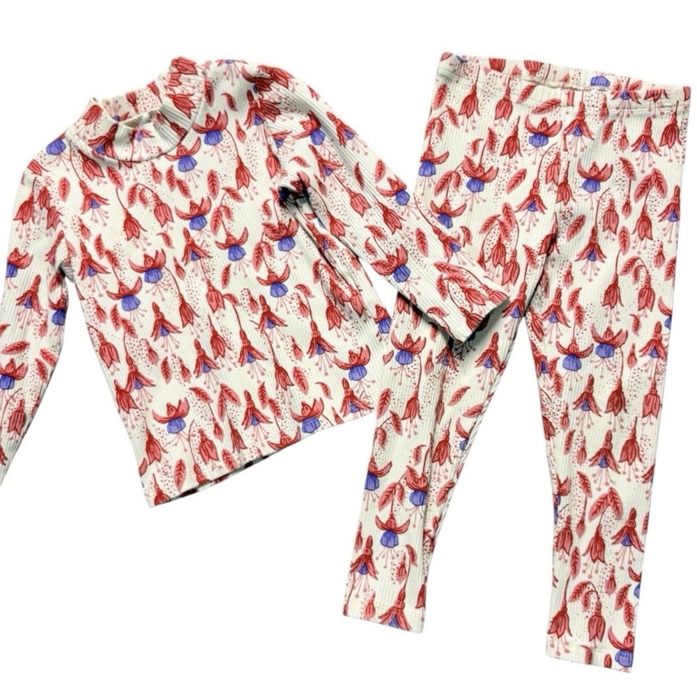 Mini Rodini Floral Ribbed Top Leggings Set Organic Cotton Girls 92/98 2T 3T